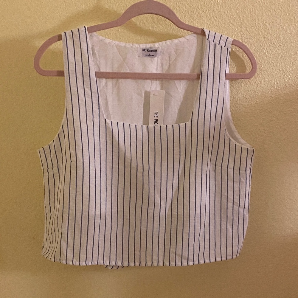NWOT The Workshop White & Blue Striped Tank Top, Size L